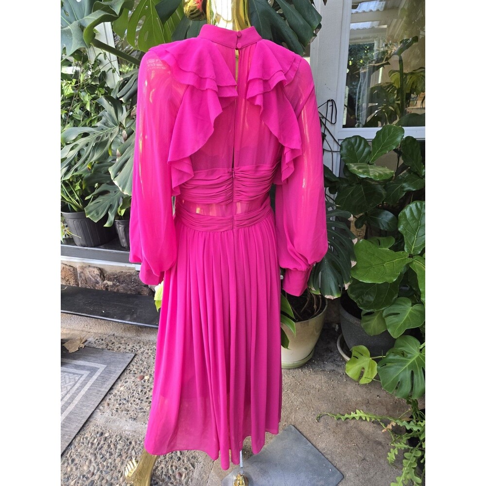 Self-Portrait Fuchsia Pink Chiffon Ruffle Lace Midi Dress Long Sleeve US 8 UK 12 - Picture 5 of 12